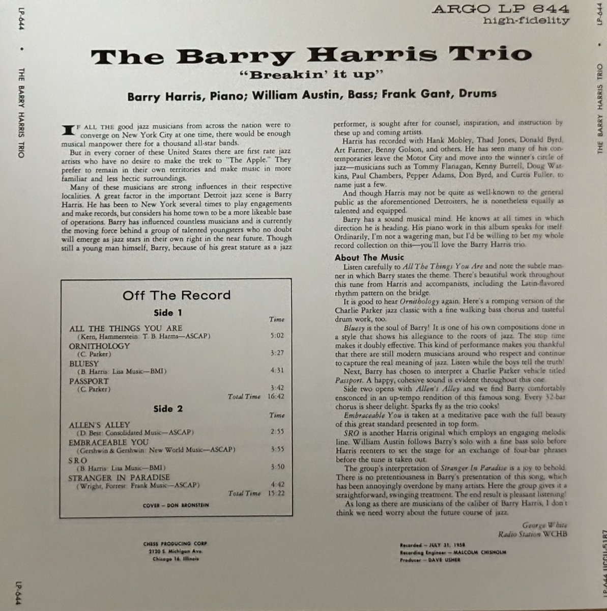 OM7341861341855's tweet photo. All The Things You Are https://t.co/cHIVZ73qCr 
"Breakin' it up／Barry Harris(1958年7月録音)
ビ・バップ・ピアニスト:バリー・ハリス(当時29才)の初リーダーアルバム、冒頭のバラード曲でもどっしりとした風格溢れる演奏である

#BarryHarris
#WilliamAustin
#FrankGant
#BreakinItUp
#音楽三昧 https://t.co/AeR8Sz310V