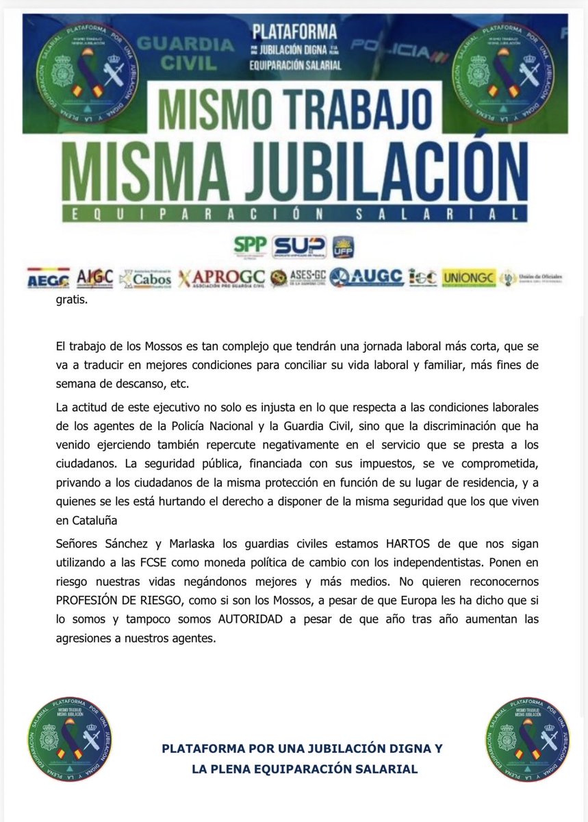 AUGC_Comunica's tweet photo. 🚨 MISMO TRABAJO. MISMA JUBILACIÓN.

La Plataforma por una Jubilación Digna y la Plena Equiparación Salarial emite comunicado denunciando que el Gobierno vuelve a agrandar la brecha salarial con el aumento del complemento específico a los Mossos.

4.000€ más por “especial complejidad”.
Hasta 3.600€ en nocturnos y festivos.
Jornada más corta y mejores condiciones.

Mientras tanto, Policía Nacional y Guardia Civil seguimos sin equiparación real y sin reconocimiento de profesión de riesgo.

Hacemos el mismo trabajo en todo el territorio nacional.
La diferencia no es el servicio. Es el trato recibido. 

Lee el comunicado completo 👇