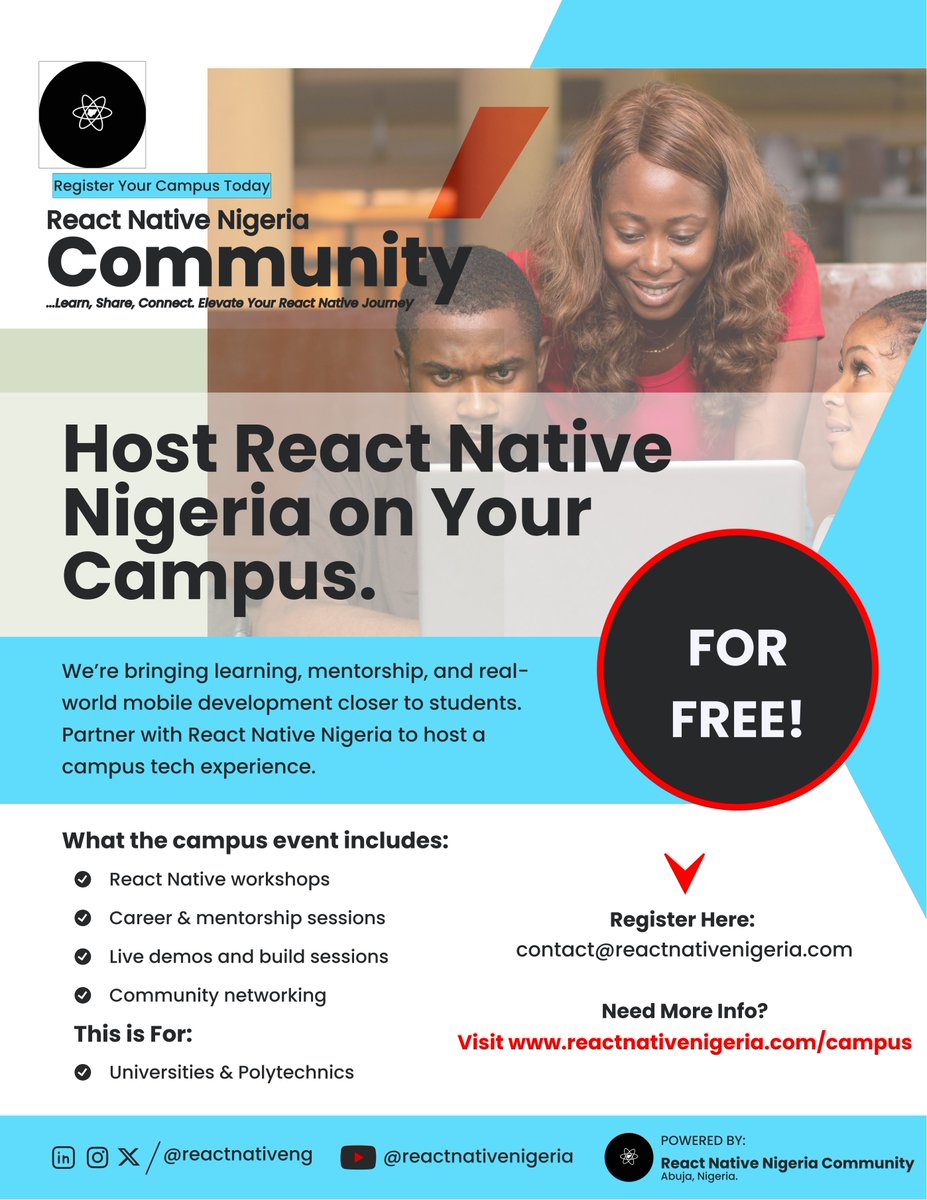 Calling all universities &amp; campuses 🚀

Host a React Native Nigeria campus event and give students hands-on learning, mentorship, and real mobile dev experience.

Register your campus,  let’s build the next generation of developers.
Visit reactnativenigeria.com/campus