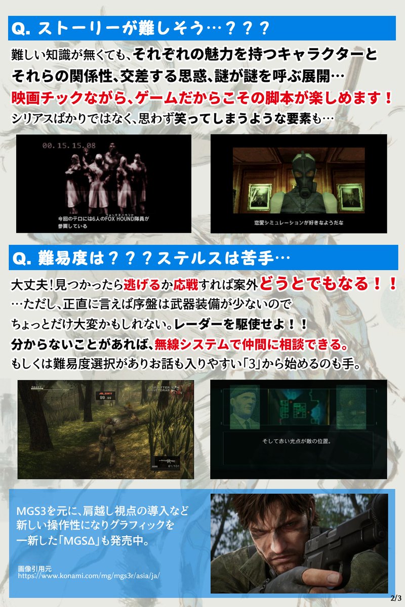 acro7780s's tweet photo. 先日移植が発表され大騒ぎになった『メタルギアソリッド４』、『ピースウォーカー』の話題を見て「メタルギアってなんぞや？？」となった人向けの紹介画像です！！
以前作ったものを今回の発表に合わせ少し改訂しました！
大好きなシリーズなので、これを機に興味を持ってもらえると嬉しいです！ https://t.co/jr4kmONhw3