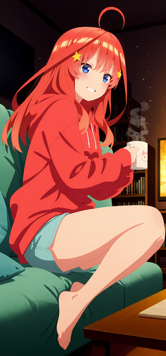 「今日も一日、おつかれさまですっ、中野五月です🌙」
あったかい飲み物片手に、今夜はゆっくり自分を甘やかす時間にしませんか？
頑張りすぎた心と体、少しだけ一緒に休めましょうね🍀

五等分の花嫁
SFW illustration / AIイラスト 
#中野五月 #ItsukiNakano #TheQuintessentialQuintuplets