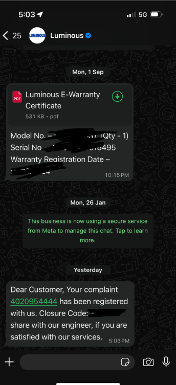 SuperbSushant's tweet photo. Hi @myluminous ,
I have purchased #luminous inverter, thinking service would be great. I have raised a complaint on 16th Feb, but the issue has not yet been acknowledged. https://t.co/ddQkw131AG
