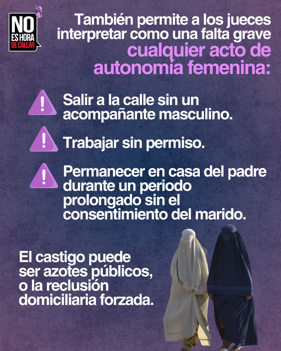 ELTIEMPO's tweet photo. 🚨Afganistán se convierte en el primer país del mundo en legalizar y fomentar la violencia contra las mujeres y niñas. El nuevo código penal impuesto por el régimen talibán le permite a los hombres hacer uso de la fuerza física para “corregir” el comportamiento femenino bajo criterios de obediencia.

⚖️ Solo castiga la violencia contra las mujeres si deja marcas o lesiones graves, pero la condena máxima es de apenas 15 días de prisión. En contraste, hacer pelear animales puede acarrear penas de hasta cinco meses. La desproporción evidencia el lugar que ocupa la protección de las mujeres dentro del sistema penal.

🚷 El código también permite a los jueces, compuestos exclusivamente por clérigos, interpretar como faltas graves actos de autonomía femenina, como salir sin acompañante masculino, trabajar sin permiso o permanecer en casa del padre sin el consentimiento del esposo.

🌍 La ONU y diversas organizaciones han calificado este marco legal como un “apartheid de género”, al considerar que borra a las mujeres de la vida pública y legitima la violencia en su contra.
#NoEsHoraDeCallar #LibertadParaLasAfganas #ViolenciaDeGénero @jbedoyalima