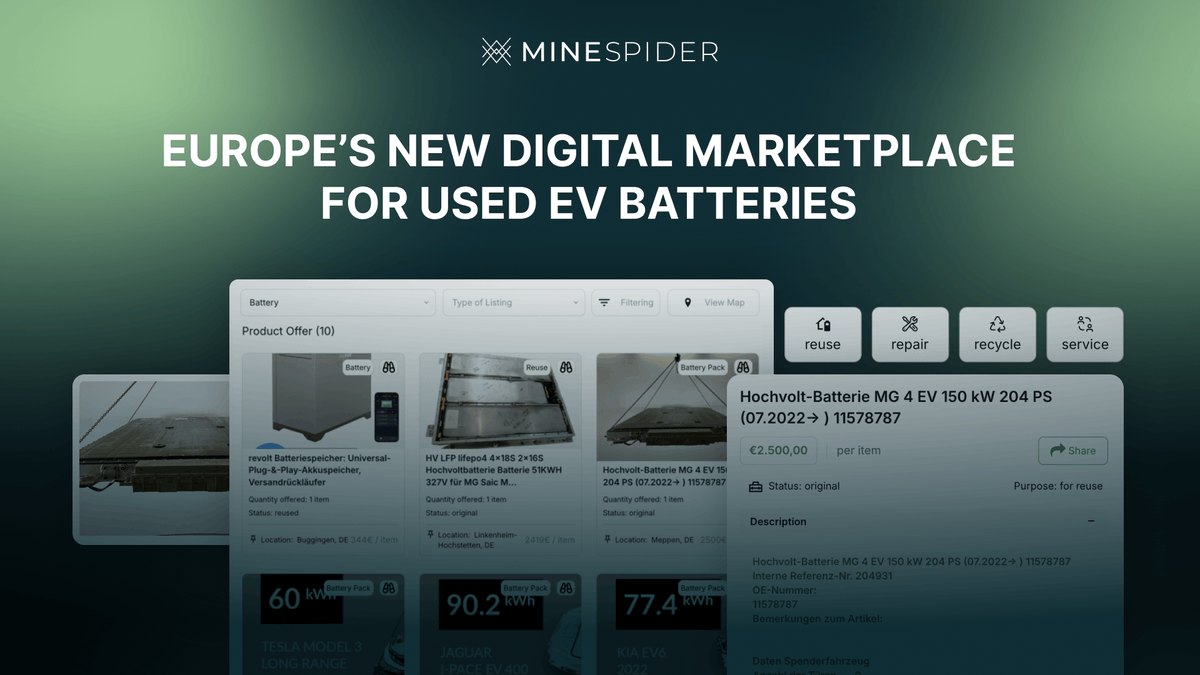 MinespiderTeam's tweet image. Minespider launches Recircle.market — a digital marketplace built to unlock circularity across the #EVbattery value chain, developed within the Recirculate project.
🔗 Explore the platform: 
#DBPs #BatteryRegulation #BatteryPassport