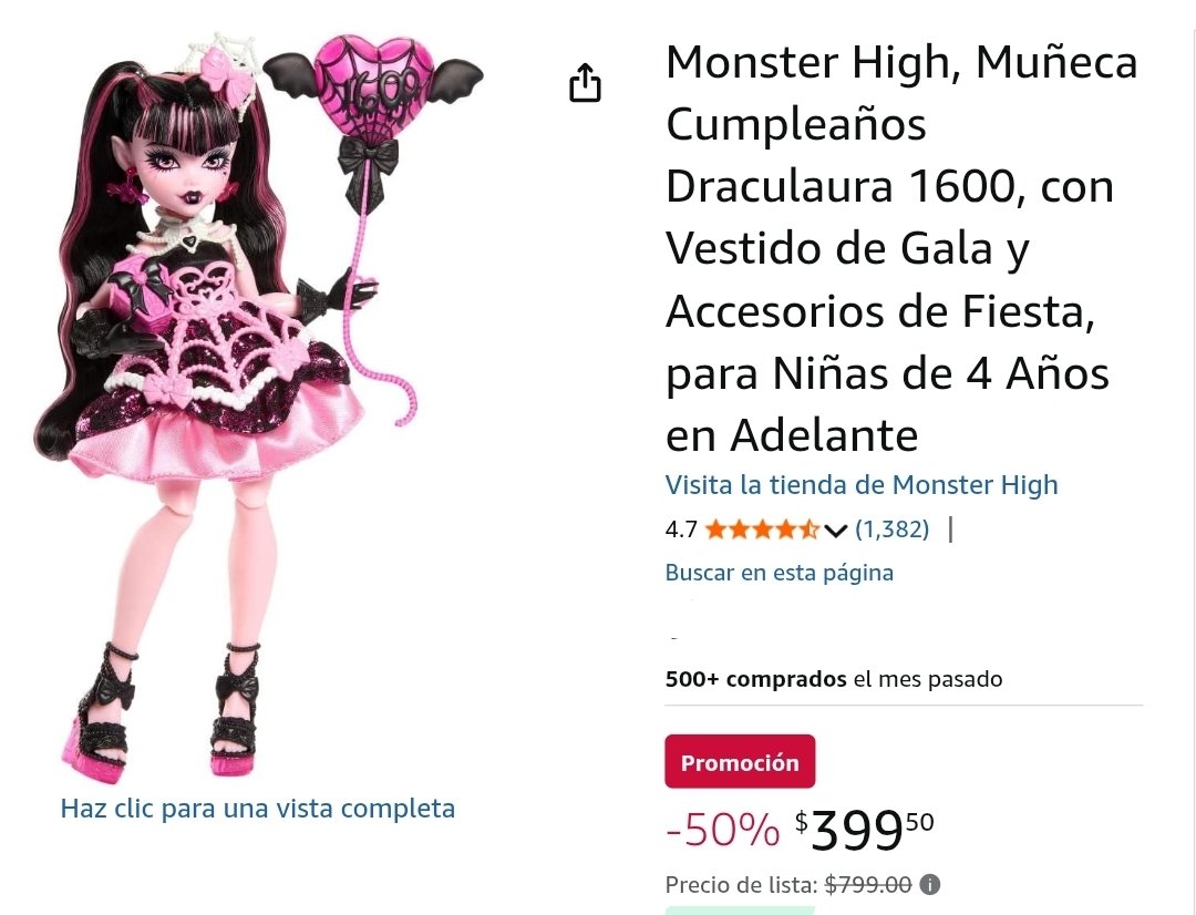 De nuevo disponible. 👍

Amazon: Monster High, Muñeca Cumpleaños Draculaura 1600, con Vestido de Gala y Accesorios de Fiesta - $399

amzn.to/3ZBwk0s

Vendida y enviada por Amazon México.