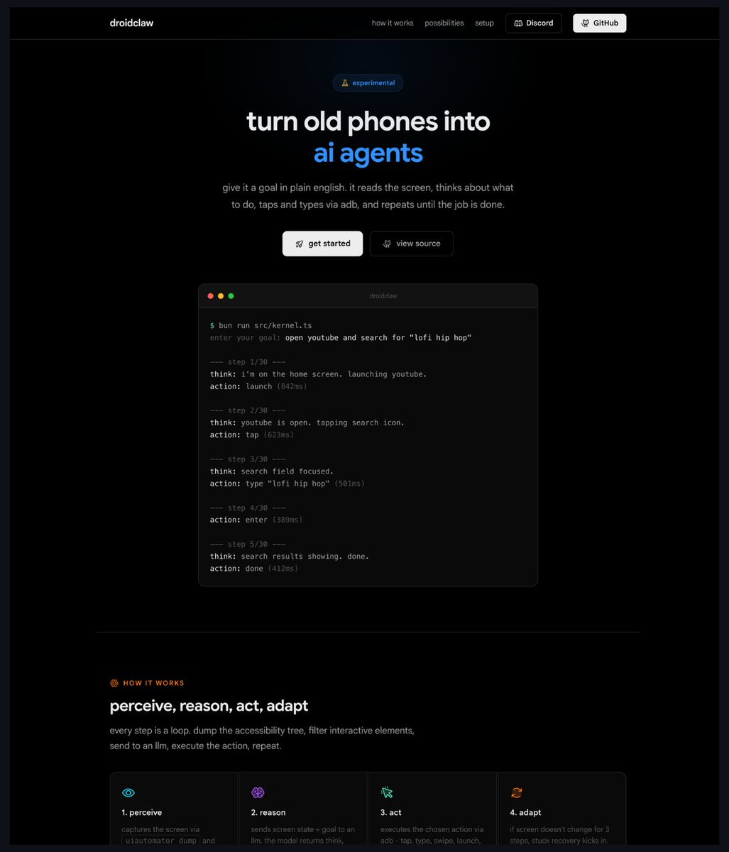 heyrimsha's tweet photo. 🚨BREAKING: The "AI agent for your old Android phone" just dropped.

It's called DroidClaw and it turns any old Android device into a fully autonomous AI agent using plain English commands.

No APIs to configure. No app-specific integrations. No coding required.

It reads the screen, thinks about what to do, taps and types via ADB, and repeats until the job is done.

→ Give it a goal in plain English
→ It reads the accessibility tree + screenshots
→ An LLM decides what to tap, type, and swipe
→ Executes actions via ADB until the task is complete

Your old phone becomes an always-on AI worker. Zero app modifications needed.

But it's not just a simple automation script.

It's a full AI agent framework:

→ 35 ready-to-use workflows across messaging, social, productivity, research, and lifestyle
→ Two modes: AI-powered workflows (smart navigation) + fixed flows (instant execution, no LLM)
→ Stuck recovery that detects when the agent is looping and self-corrects
→ Vision fallback for webviews and Flutter apps where accessibility trees fail
→ Remote control via Tailscale and run your phone agent from anywhere in the world

Works with Groq (free tier), OpenRouter, OpenAI, and AWS Bedrock.

100% Opensource. MIT Licensed.

Link in the first comment.