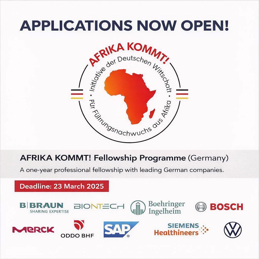 Some years ago, I got accepted for this fellowship, unfortunately I had to chose between this and a UN Volunteer role. But ill always cheer for others to apply for it because I still believe its a wonderful opportunity.
——

AFRIKA KOMMT! Fellowship Programme – Applications Open