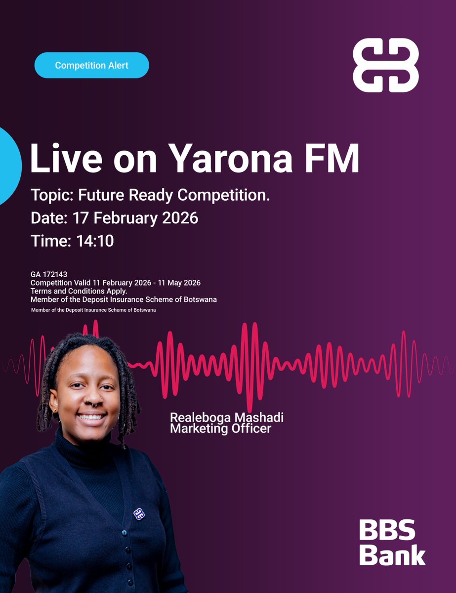 We will be live on Yarona FM today at 14:10 with Realeboga Mashadi, our Marketing Officer, as she unpacks the Future Ready competition. GA172143. Ts&amp;Cs Apply. #bbsbank #FutureReady #Howfarcanwego