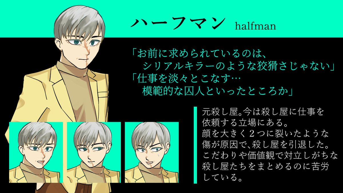 🔸現在制作中のノベルゲーム
「you came to kill me?」キャラ紹介

１番目は主人公のハーフマンです
主人公がおじさんなのは、作者がおじさん好きだからです…

#ゲーム制作