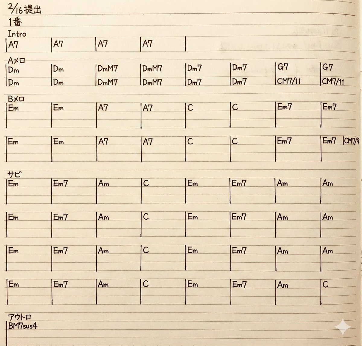 人とAIの音楽共作を本気で楽しもうと、通い始めた作曲スクール、今日はレッスン日でした！

感覚9割・知識1割で作曲やってきたけど、自分のコード進行をきちんと説明できないし、幅を広げたくて始めました。

今日は先生にコード進行を見てもらってブラッシュアップ相談📝