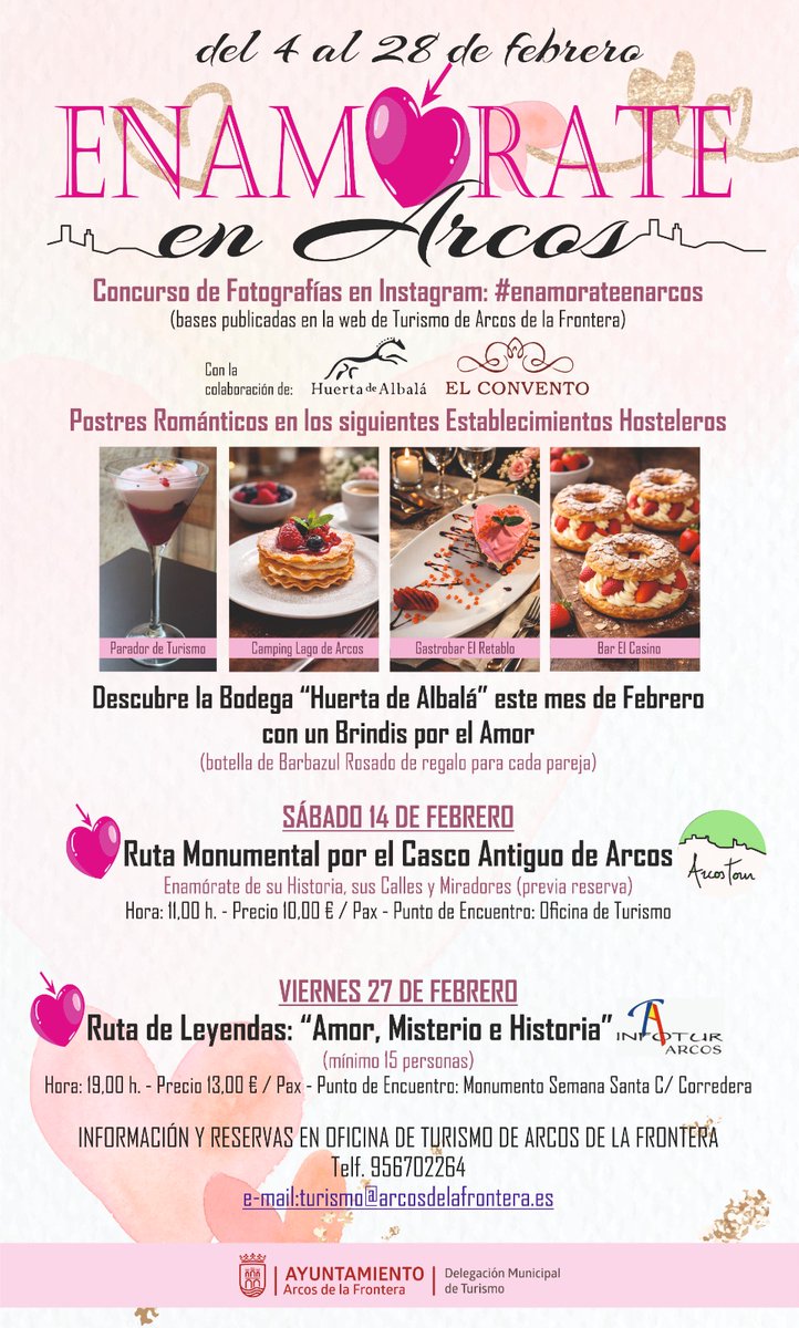 TurismodeArcos's tweet photo. Sigue Enamorándote en Arcos!!!! Postres Románticos, Visitas a Bodega, Ruta de Leyendas, concurso de fotos, etc ... https://t.co/O2yhB4HZwr
