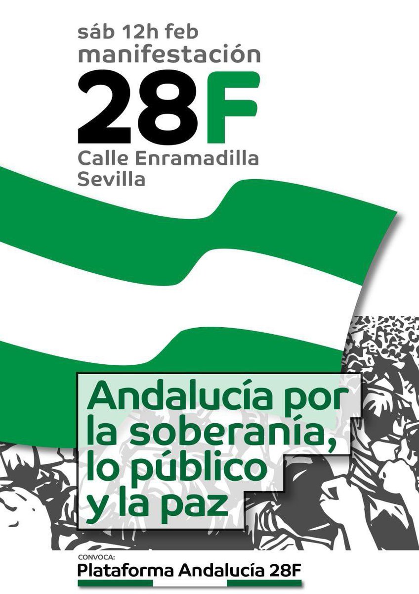 Este 28F, Andalucía sale a la calle.
Por el pan, el trabajo y la dignidad de nuestro pueblo.
Contra el saqueo, por una Andalucía de la gente.

#28FAndalucíaLibre
#28FAndalucíaSoberanía