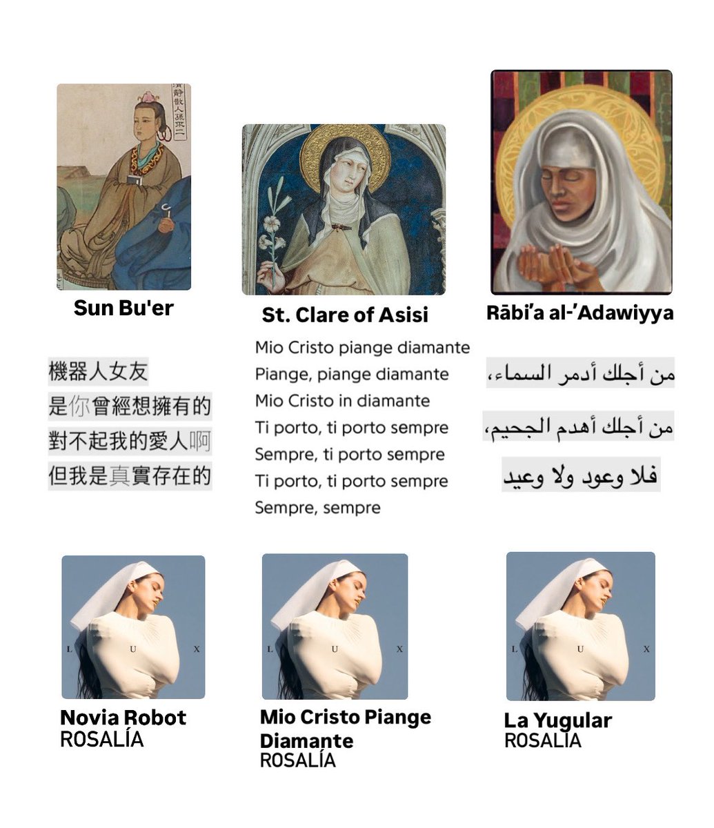 Today is sincia, tomorrow is ash wednesday, and ramadhan is coming and if you listen to Rosalía’s album LUX this is a perfect week to learn about three saint whose stories are referenced for the songs Novia Robot, Mio Cristo Piange Diamante, and La Yugular