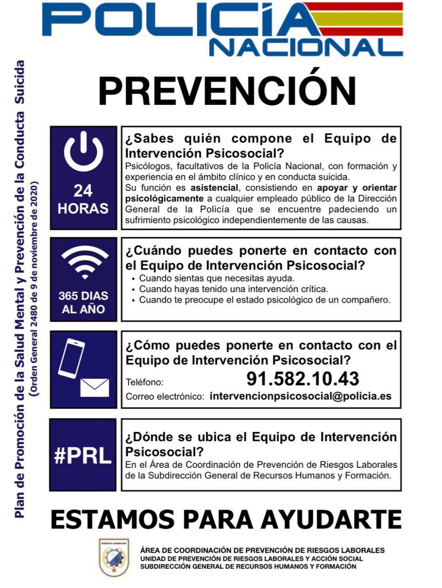 En poco más de un mes y medio que va de año, 3 compañeros han sido víctimas del #suicidio 
Si tú o alguien necesita ayuda, nos tienes en cada Comisaría
📞Además tienes un teléfono de atención 24h/365d para poder hablar 915821043
No estás solo. Tenemos que cuidarnos los unos a los