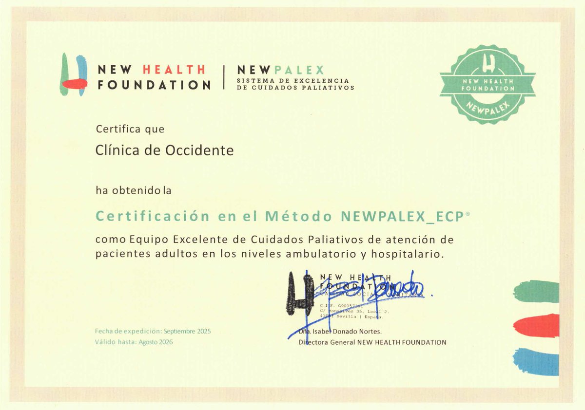 Damos la enhorabuena a Clínica de Occidente S.A. por la reciente obtención del Certificado NEWPALEX como Equipo Excelente de Cuidados Paliativos en los niveles ambulatorio y hospitalario conforme al método NEWPALEX.
#NEWPALEX #colombia