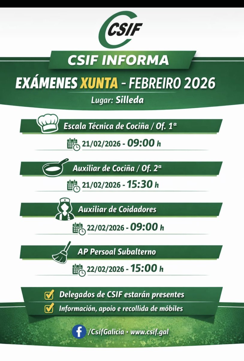 🟢 Esta fin de semana celébranse en #Silleda os seguintes exames selectivos da #Xunta.
🙋‍♀️ Delegados/as de CSIF estarán alí para informarte e apoiarte 💪.
📵 Ofrecemos servizo de custodia de móbiles durante a proba.

✨ Moita sorte, confía no teu esforzo e vai a por todas!
