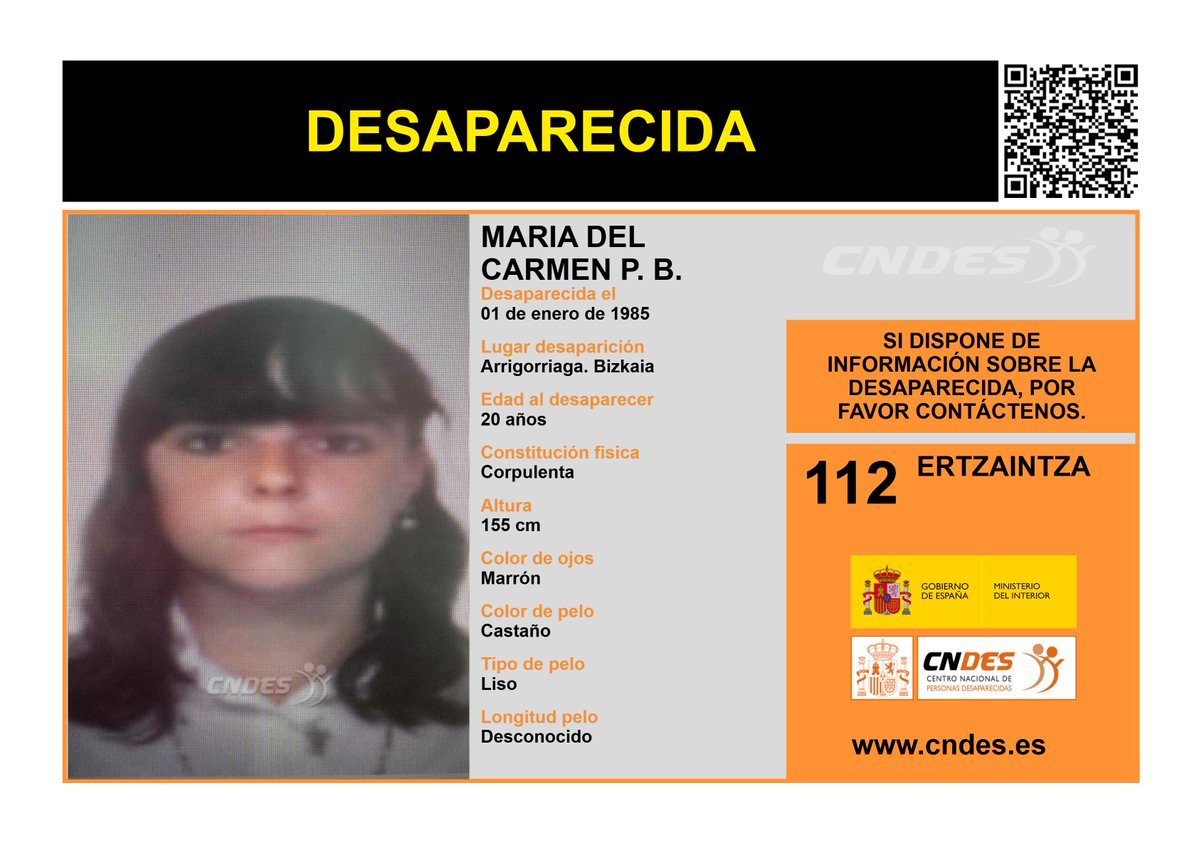 ⚠️🚺 DESAPARECIDA🚺⚠️
🧐Última localización #Bizkaia
Ayúdanos➡️comparte 📲
Si crees haberla visto 📩cndes-web.ses.mir.es/publico/Desapa…
☎️112 <a href="/ertzaintzaEJGV/">Ertzaintza</a> 
<a href="/cndes_oficial/">CNDES</a> #desaparecida
