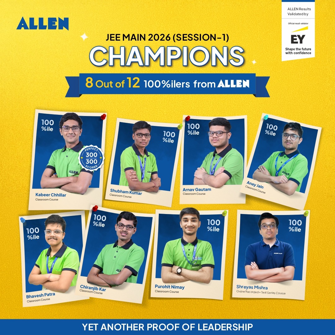 ALLENkota's tweet photo. 🏆 Take a look at ALLEN dominating the scoreboard.
𝟴 𝙤𝙪𝙩 𝙤𝙛 𝟭𝟮 𝙤𝙫𝙚𝙧𝙖𝙡𝙡 𝟭𝟬𝟬 𝙥𝙚𝙧𝙘𝙚𝙣𝙩𝙞𝙡𝙚𝙧𝙨 𝙞𝙣 𝙅𝙀𝙀 𝙈𝙖𝙞𝙣 𝟮𝟬𝟮𝟲 (𝙎𝙚𝙨𝙨𝙞𝙤𝙣 𝟭) 𝙖𝙧𝙚 𝙛𝙧𝙤𝙢 𝘼𝙇𝙇𝙀𝙉
#JEEMain2026 #ALLEN #100Percentile #Champions https://t.co/SrXSgjqgkr