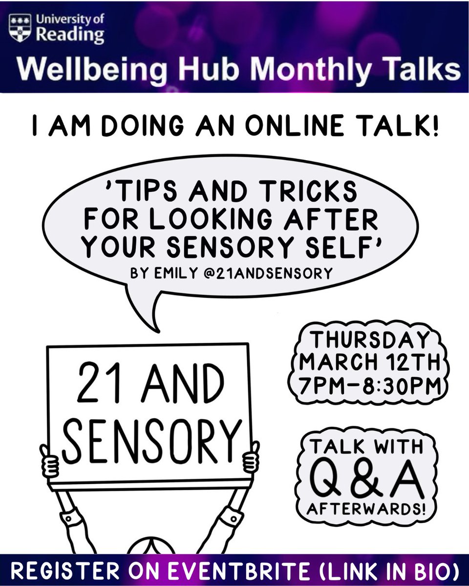 I am very excited to say I'll be doing an online talk as part of the monthly Centre for Autism Wellbeing Hub webinar series hosted and run by the <a href="/UniofReading/">Uni of Reading</a> <a href="/UniRdg_Psych/">Psychology & Clinical Language Sciences at Reading</a> 

The webinar is on 12th March (7–8.30pm) please sign up below!

eventbrite.co.uk/e/emily-21ands…