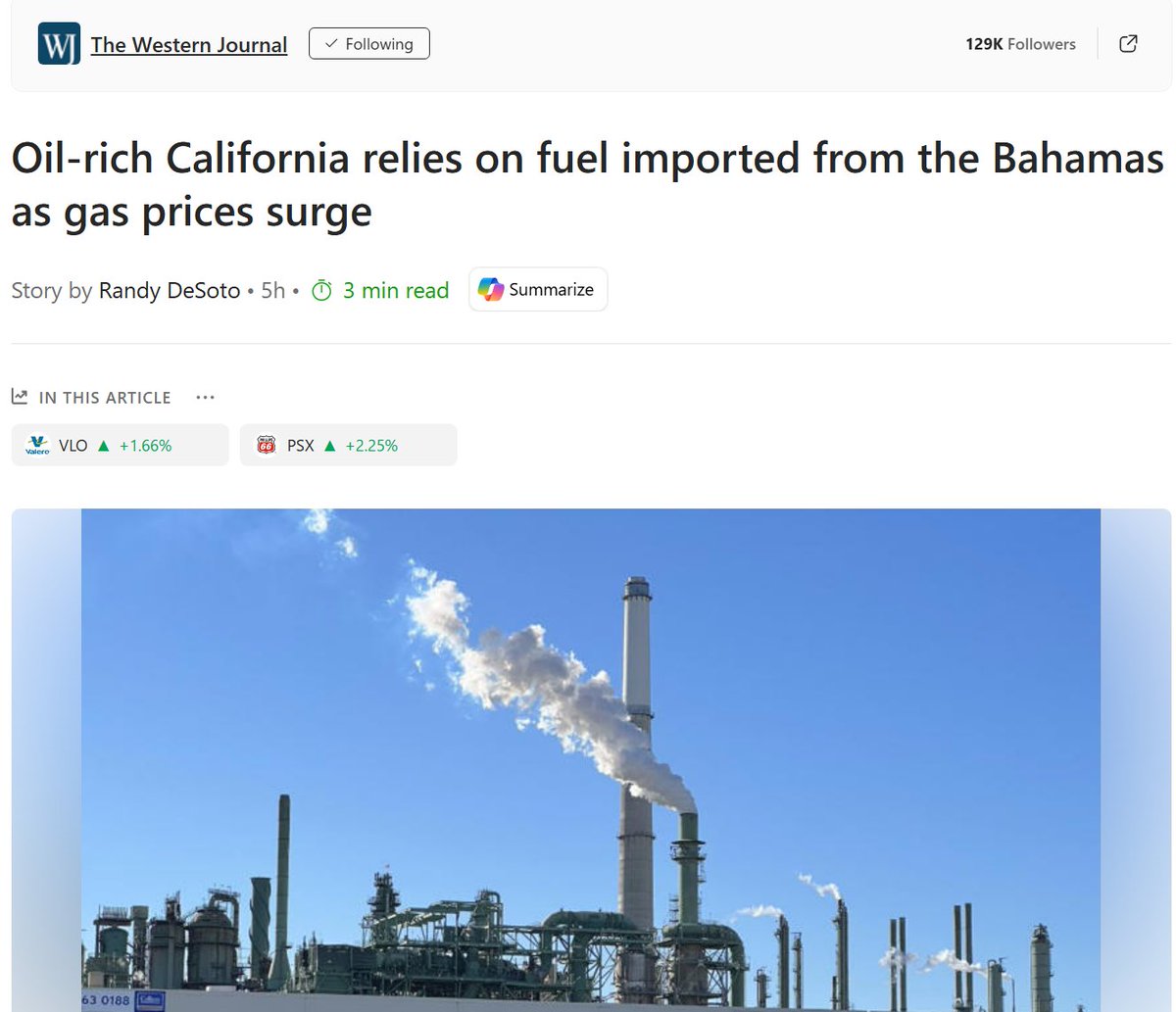 Oil-Rich California Relies On Fuel Imported From The Bahamas As Gas Prices Surge
In 1982, CA imported about 6% of its gas, today 64%.
In 2000, CA gas price was $0.25 higher than the national average, today it's increased to $1.50.
#NewsomNightmare
msn.com/en-us/money/ec…