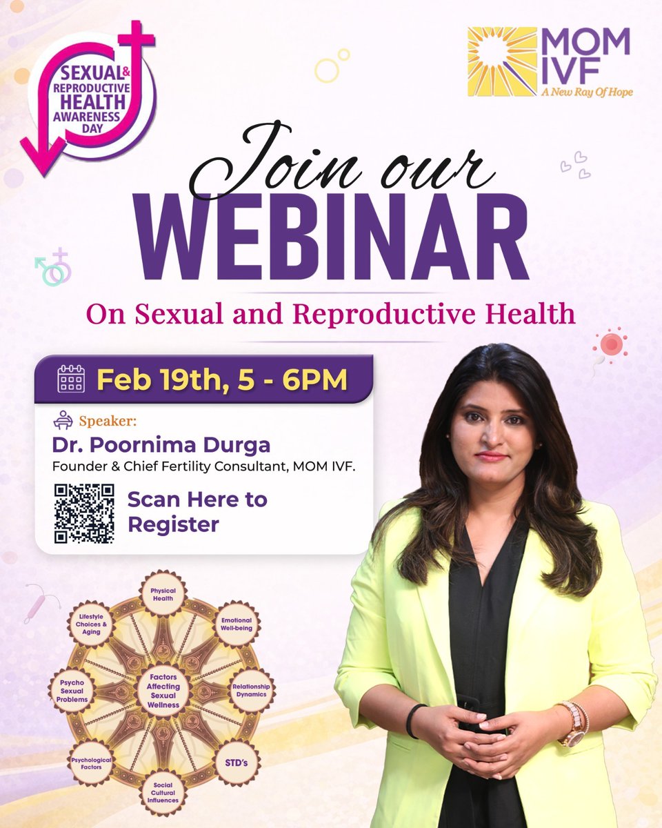 Momivfcenter's tweet image. Sexual &amp;amp; Reproductive Health is not a taboo topic.
🗓 Feb 18th
⏰ 5:00 PM – 6:00 PM
👩‍⚕️ Speaker: Dr. Poornima Durga
Founder &amp;amp; Chief Fertility Consultant, MOM IVF
Scan the QR code or use the link below to register
momivfindia.com/webinar/

#MOMIVF #SexualHealthAwareness
