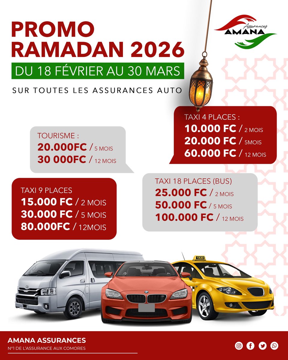 amanassurances's tweet photo. 𝐏𝐑𝐎𝐌𝐎 - Assurez votre véhicule, mais pas à n’importe quel prix ! 

A partir de ce 18 février, et durant tout le mois sacré de Ramadan, 𝐭𝐨𝐮𝐭𝐞𝐬 𝐥𝐞𝐬 𝐚𝐬𝐬𝐮𝐫𝐚𝐧𝐜𝐞𝐬 𝐚𝐮𝐭𝐨 𝐬𝐨𝐧𝐭 𝐚̀ 𝐩𝐫𝐢𝐱 𝐫𝐞́𝐝𝐮𝐢𝐭 !

#amanassurances #assurance #ramadan https://t.co/Ih5uEvUDMx