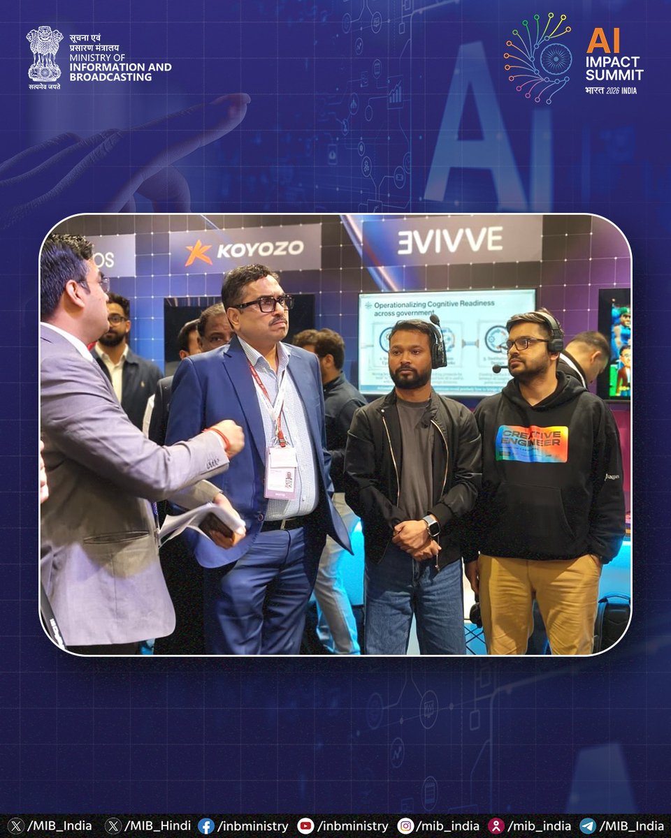 MIB_India's tweet image. Sanjay Jaju, Secretary, Ministry of Information &amp;amp; Broadcasting, visits the #WAVES Creators Corner at the #IndiaAIImpactSummit2026, exploring cutting-edge #AI innovations powering India’s creative ecosystem.