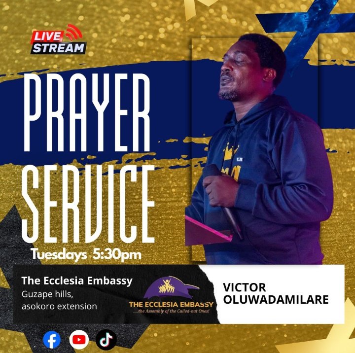 ecclesiaembassy's tweet photo. It's our prayer service today.
Join us at 5:30 PM WAT, let us offer up sweet smelling incense to the God of heaven.
Links to join our livestream will be shared here as the service starts.
See you then.
#WeInfluence
#PrayerService
#TheEcclesiaEmbassy https://t.co/5J9CSod8JF