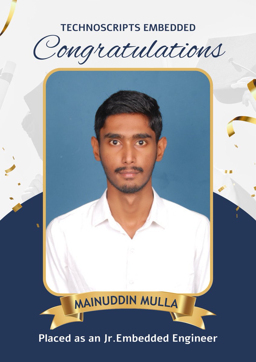 TechnoScript's tweet photo. Congratulations Mainuddin Mulla on getting placed as an Jr. embedded Engineer. https://t.co/BShFh6wdNH