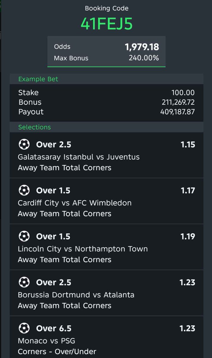 1,979 ODDS

Sportybet Code.  41FEJ5

Join Telegram Channel t.me/CindyKBDTips

Kindly Retweet 🔁
