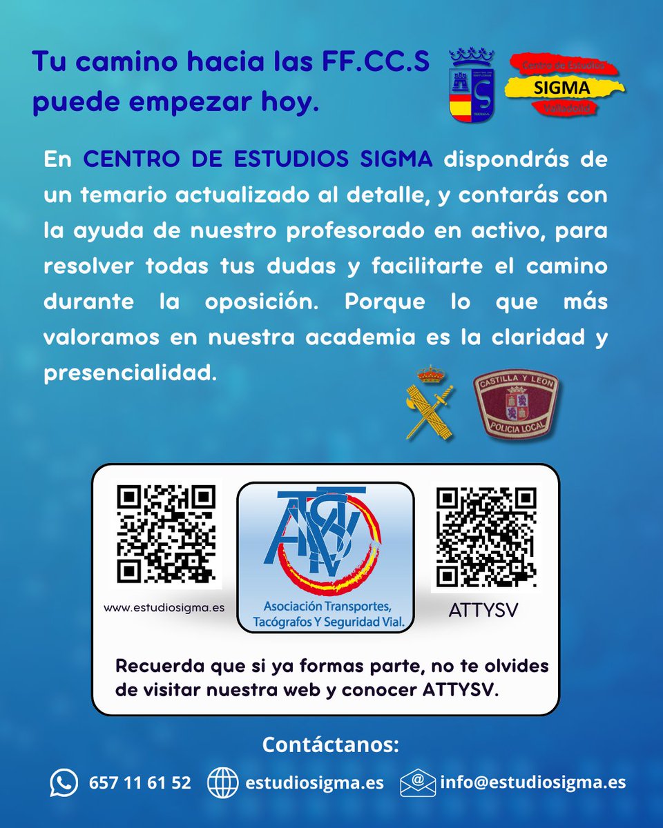 EstudiosSigma's tweet photo. Tu camino hacia las https://t.co/wkJ7BErc6J.S podría empezar hoy, no esperes más y ven a conocernos😊
#oposiciones #policialocal #estudiosigma #valladolid #guardiacivil #campusvirtual https://t.co/ANUV6SuhZf