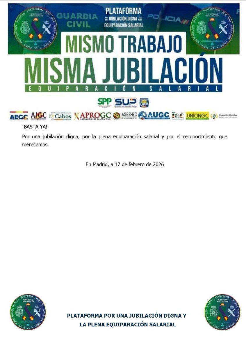 AEGCnacional's tweet photo. 📢 MISMO TRABAJO, MISMA JUBILACIÓN. MISMA DIGNIDAD

Desde la Plataforma por una Jubilación Digna y la Plena Equiparación Salarial denunciamos, una vez más, el desprecio del Gobierno hacia la Guardia Civil y la Policía Nacional.

👉 Mientras se incumple el Acuerdo de Equiparación, se vuelve a agrandar la brecha salarial con los Mossos d’Esquadra, a quienes se les aprueban subidas salariales, mejoras en complementos, nocturnidad y condiciones laborales que se nos siguen negando a quienes prestamos servicio en todo el territorio nacional.

❌ Hacemos el mismo trabajo, pero cobramos menos.
❌ Peores condiciones laborales y menos medios.
❌ Sin reconocimiento de profesión de riesgo ni de autoridad, pese al aumento de agresiones.

⚠️ Esta discriminación no solo es injusta para los agentes, también perjudica la seguridad de los ciudadanos, creando policías de primera y de segunda según el lugar donde vivan.

✋ BASTA YA
No somos moneda de cambio política.
Exigimos respeto, igualdad y justicia.