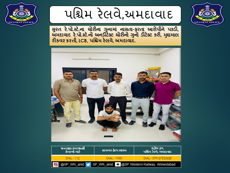 સુરત રે.પો.સ્ટે.ના ચોરીના ગુનામાં નાસતા-ફરતા આરોપીને પકડી, અમદાવાદ રે.પો.સ્ટે.નો અનડીટેક્ટ ચોરીનો ગુનો ડીટેક્ટ કરી, મુદ્દામાલ રીકવર કરતી, LCB, પશ્ચિમ રેલવે, અમદાવાદ.
<a href="/CMOGuj/">CMO Gujarat</a> <a href="/sanghaviharsh/">Harsh Sanghavi</a> <a href="/dgpgujarat/">DGP Gujarat</a> <a href="/GujaratPolice/">Gujarat Police</a> <a href="/Grp_Vadodara/">SP Western Railway Vadodara (GRP)</a>