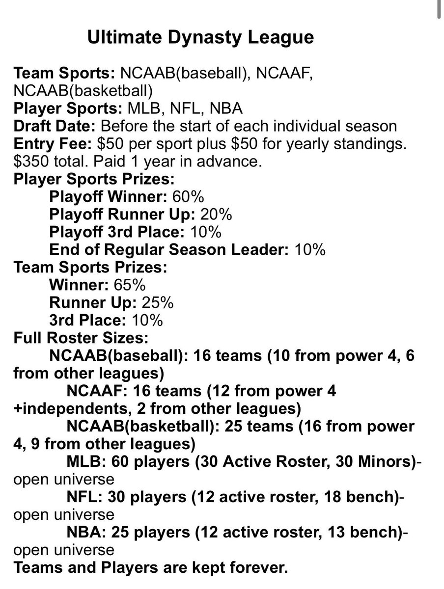 JustinPerri8's tweet photo. I play in some very intense dynasty leagues, and the group is looking to create a one of a kinda Ultimate Dynasty League consisting of six sports. 

Initial rules below, full rules linked in comments. Truly for sickos only. Give me a shout if you’re interested, it’s a good group! https://t.co/AHKQuMdG1g