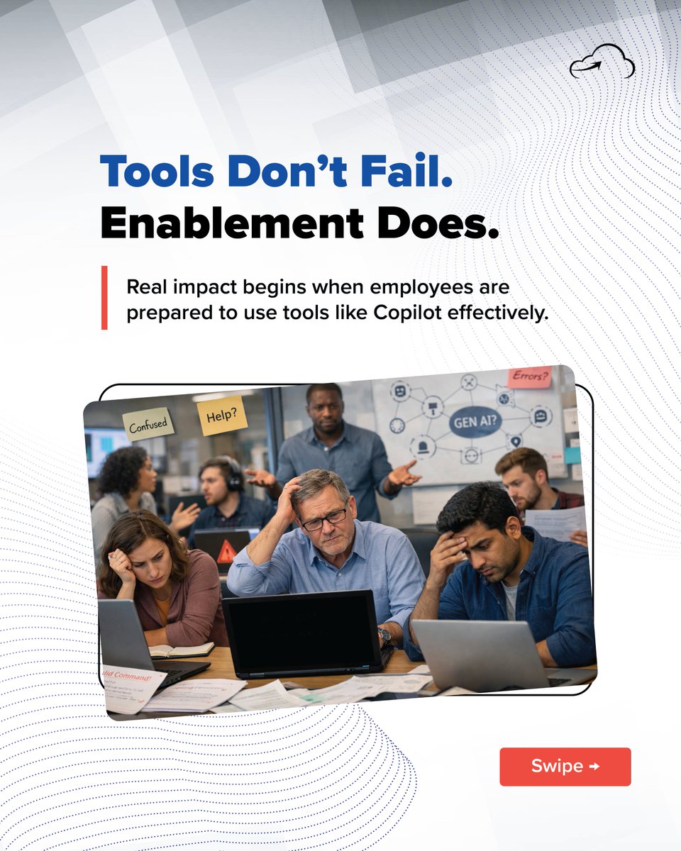 cloudthat's tweet image. GenAI and Copilot adoption isn’t just a technology rollout—it’s a learning challenge.
Without structured enablement, role-based guidance, and hands-on practice, even the most powerful AI tools struggle to deliver impact...(1/2)

#LearningAndDevelopment #GenAI #Copilot #AIAdoption