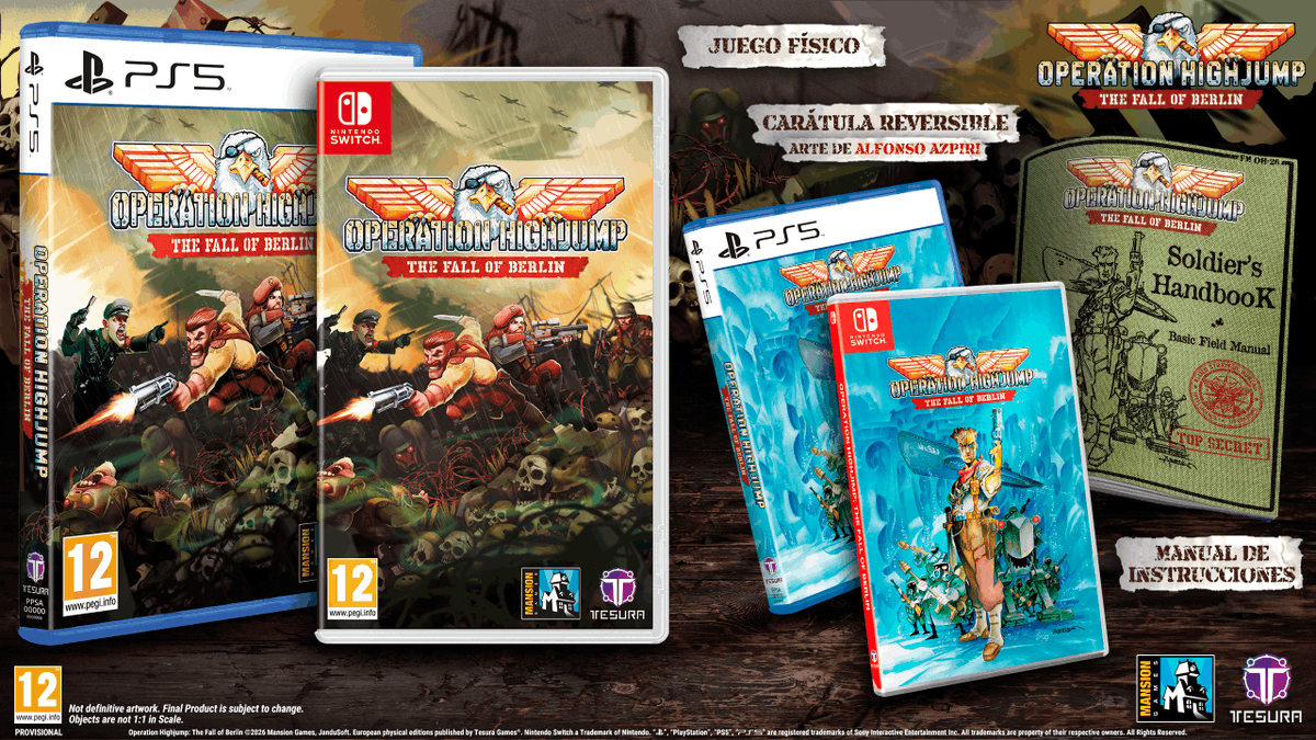La Edición Estándar de #OperationHighjump 🪂 The Fall of Berlin incluye:

📀 Juego Físico Completo (PS5/NSW)
📔 Manual de Instrucciones Bélico
🪖 Carátula Reversible con Arte Exclusivo de Alfonso Azpiri

¡Ya en reserva!