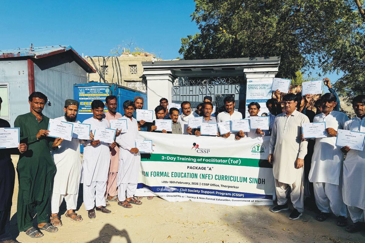 CSSPPakistan_'s tweet photo. CSSP, with DL&amp;NFE and SELD, Govt. of Sindh, has initiated 40 NFE centers—20 each in Tharparkar and Umerkot—and trained facilitators through a three-day ToF to deliver quality, inclusive education for out-of-school children. 📚

#CSSP #NonFormalEducation #EducationForAll https://t.co/AT6Z6ilkFd