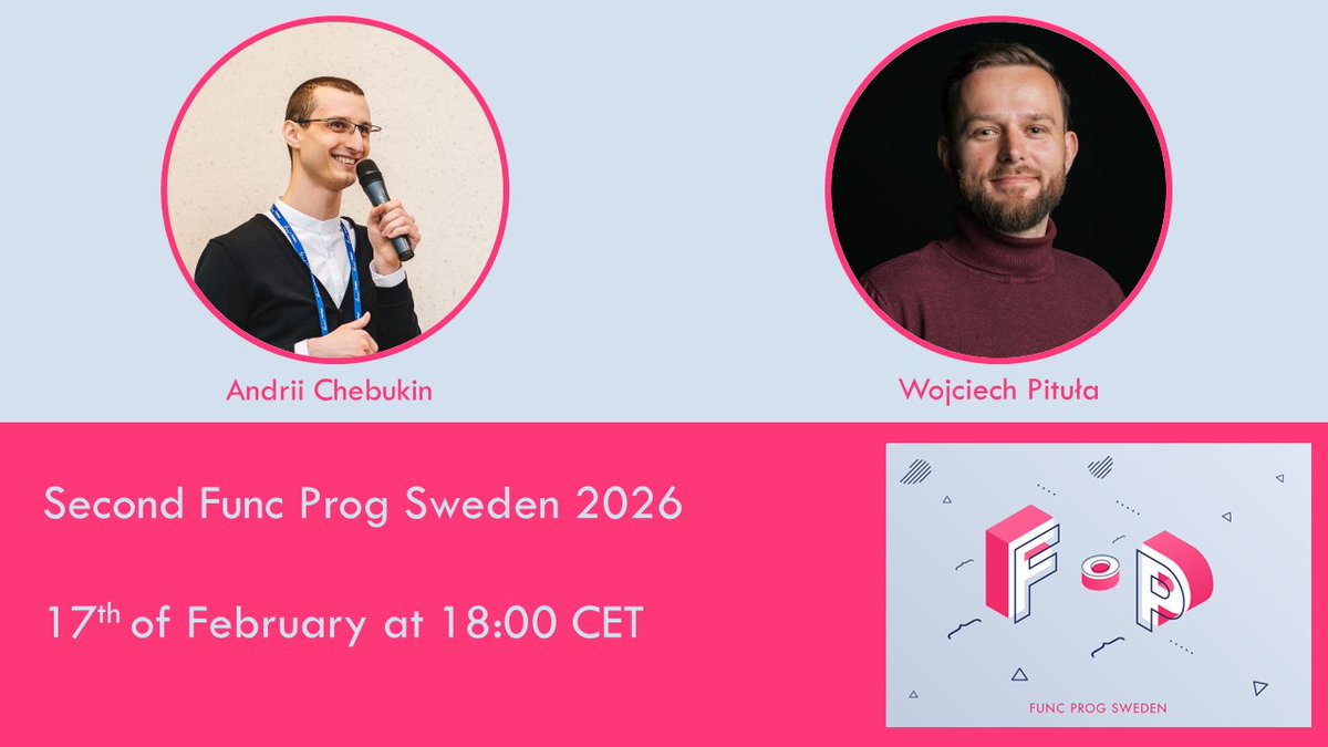 Func Prog Sweden later today🎉 
 
The program:
- Azure Cosmos intro with F# by <a href="/xperiandri/">Andrii Chebukin 🇺🇦 #StandWithUkraine</a> 
- Business4s - Bridging the Gap Between Devs and The Business By Any Means Necessary by Wojciech Pituła
 
Register for free and read more at: meetup.com/func-prog-swed…