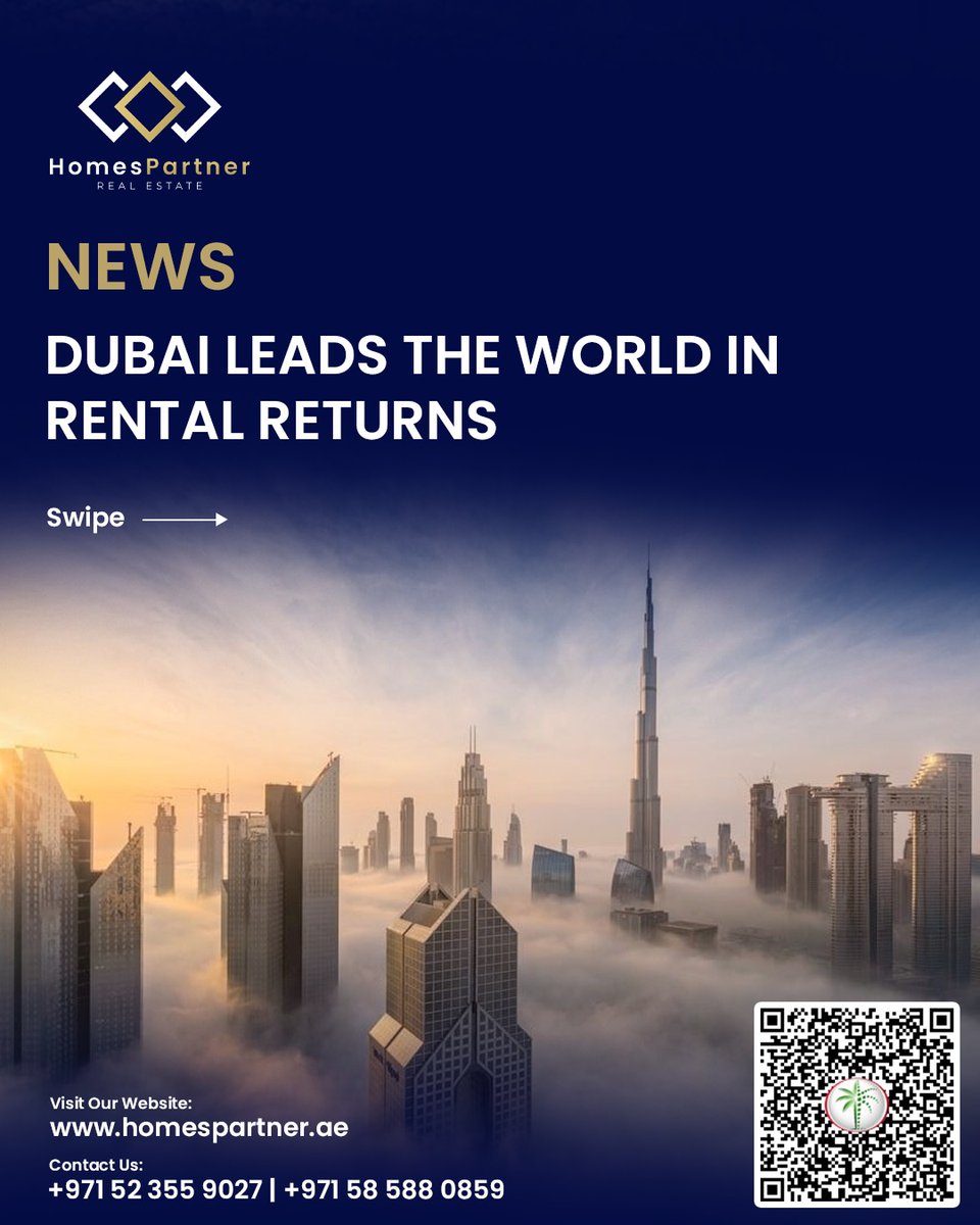 homes_partner's tweet photo. Dubai tops the world in rental returns — are you cashing in? 💰🏙️
#Dubai #ROI #DubaiRealEstate https://t.co/XePfEC6beA