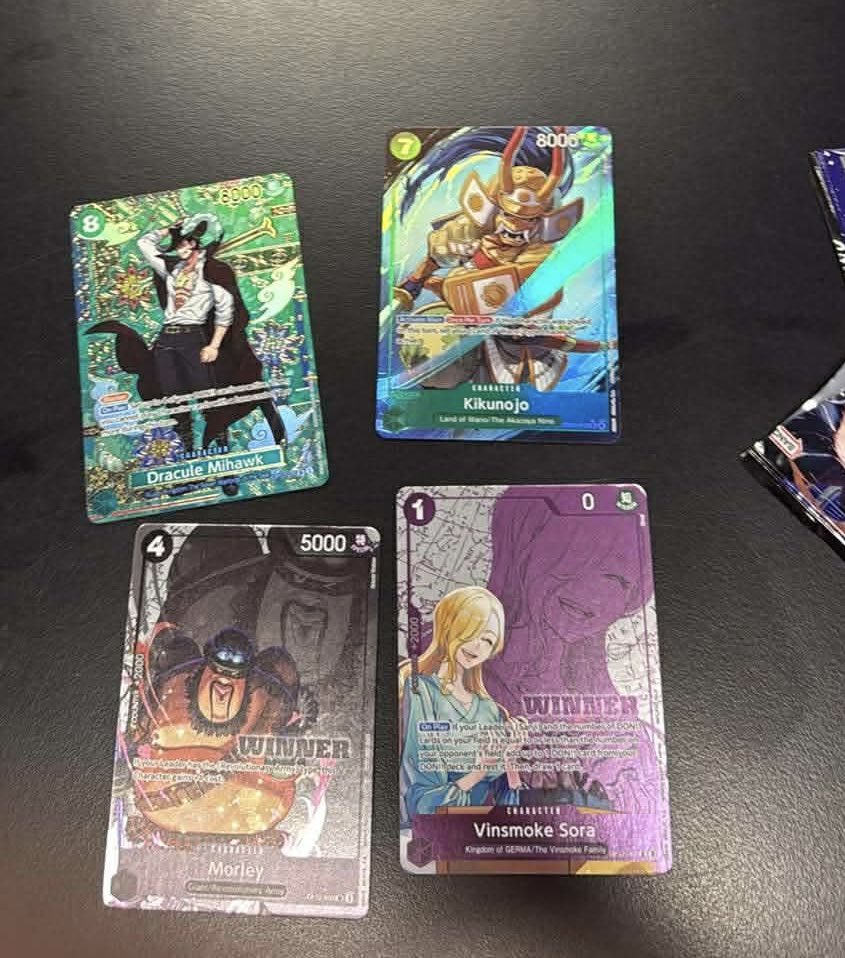 Tested out Top 32 Jinbe list from Vegas nats list tonight( Big congratulations Bubby) Definitely pretty smooth overall.
First local win with Jinbe.
EB3 proxies were being played as well in opponent decks. Good night with the lads with cool pulls from packs 🤓. 
#optcg