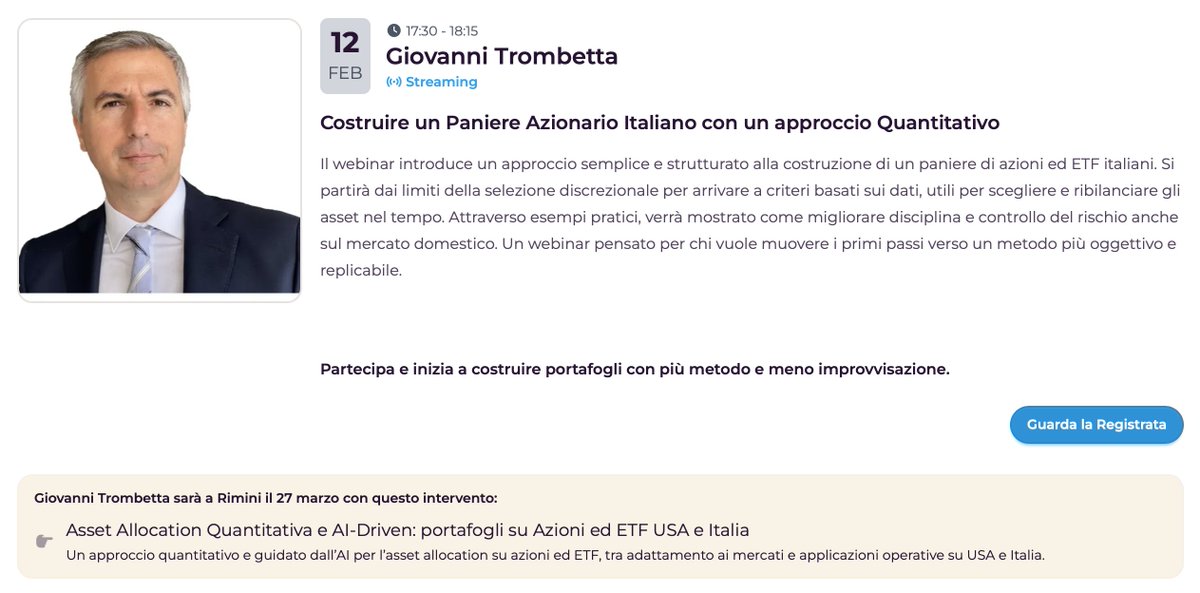 Se vi siete persi il primo dei due webinar Youfinance.it dedicati all'Asset Allocation potete ancora guardare la registrazione: youfinance.it/investi-bene-2…

Grazie a <a href="/Traderlink_it/">Traderlink Srl</a>

gandalfproject.com

#youfinance #assetallocation #quantitativeanalysis #AI