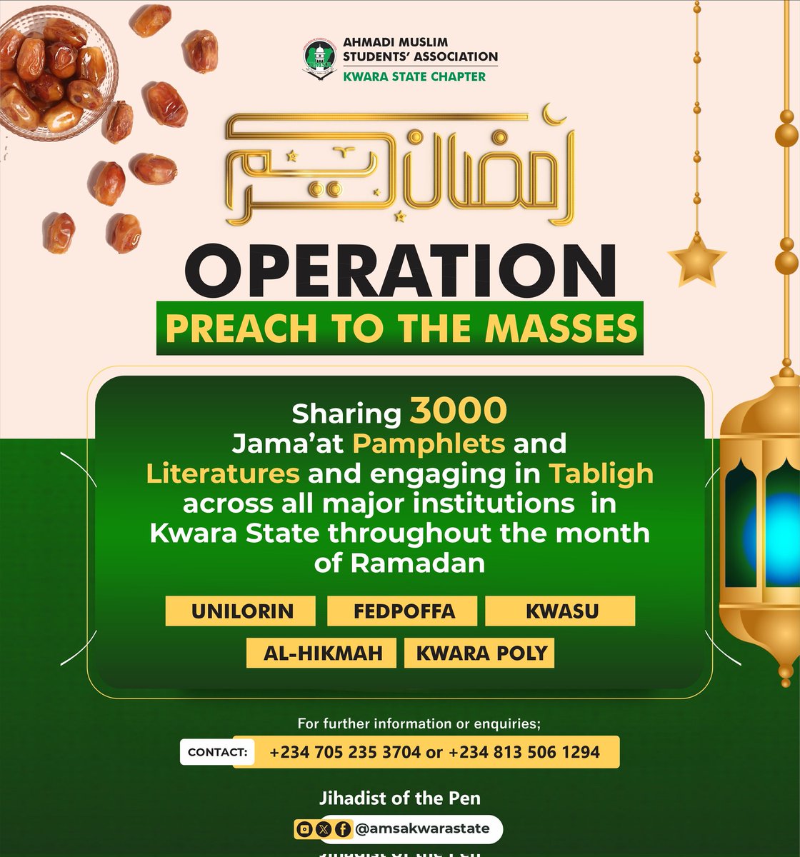AMSAKwara's tweet photo. This Ramadan, AMSA Kwara State Chapter is sharing 3,000 Jama’at pamphlets and Islamic literatures across major institutions in Kwara State — spreading the message of Islam with wisdom and sincerity.

#Ramadan #PreachToTheMasses #istiqamah https://t.co/PPMMlLaPtd