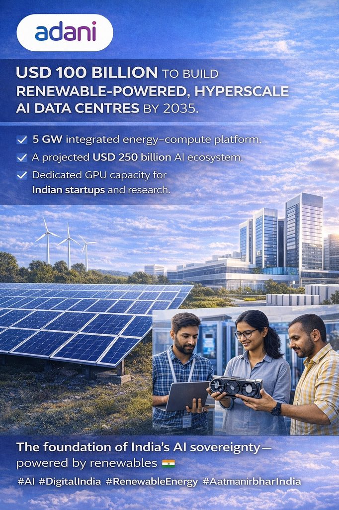 #AdaniInvests100Bn

Adani commits USD 100 billion to build renewable-powered, hyperscale AI data centres by 2035.

A 5 GW integrated energy–compute platform.
A projected USD 250 billion AI ecosystem.
Dedicated GPU capacity for Indian startups and research.

This is not just