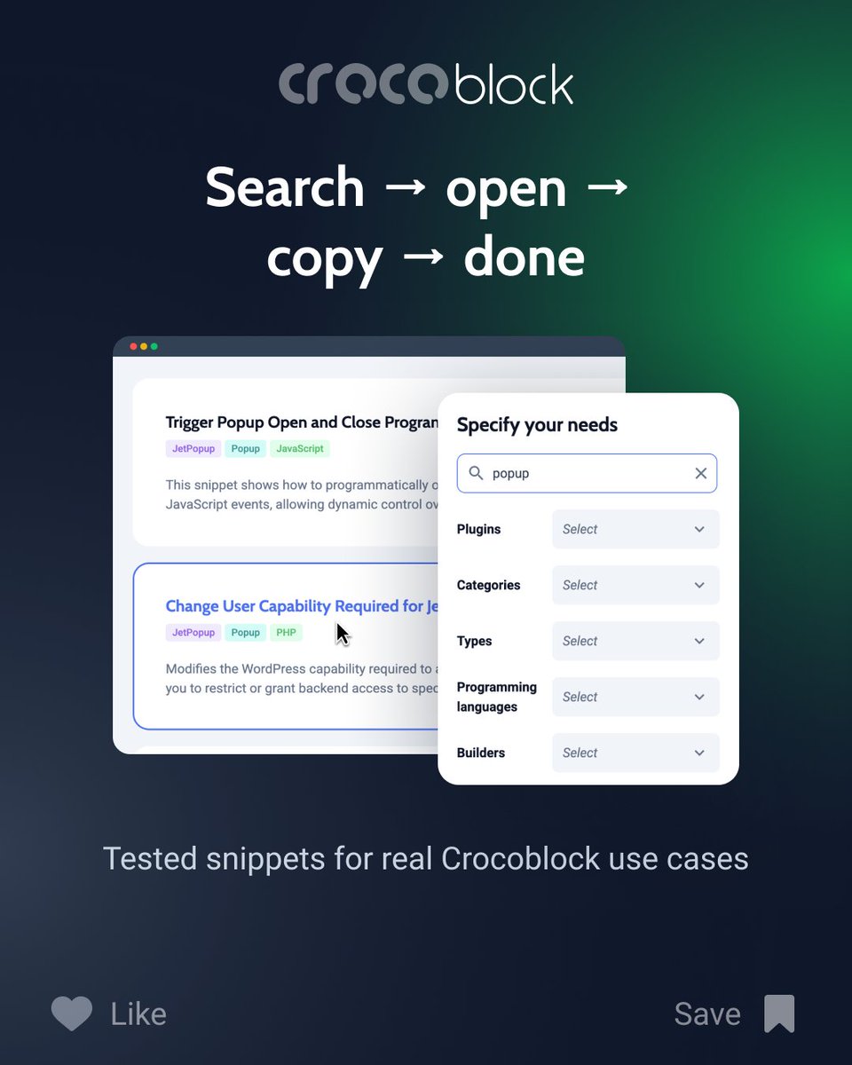 MRcrocoblock's tweet photo. ๐ป Devs, one search > 5 tabs!
CodeLab = tested Crocoblock snippets for real projects.
Search โ Open โ Copy โ Done โ
Media, bookings, popups + GitHub Gist links
Less searching. More building. ๐
Explore โ https://t.co/CA6kNt6ctz
#WordPress #WebDevelopment #CodeSnippets https://t.co/cddUQwrZHk