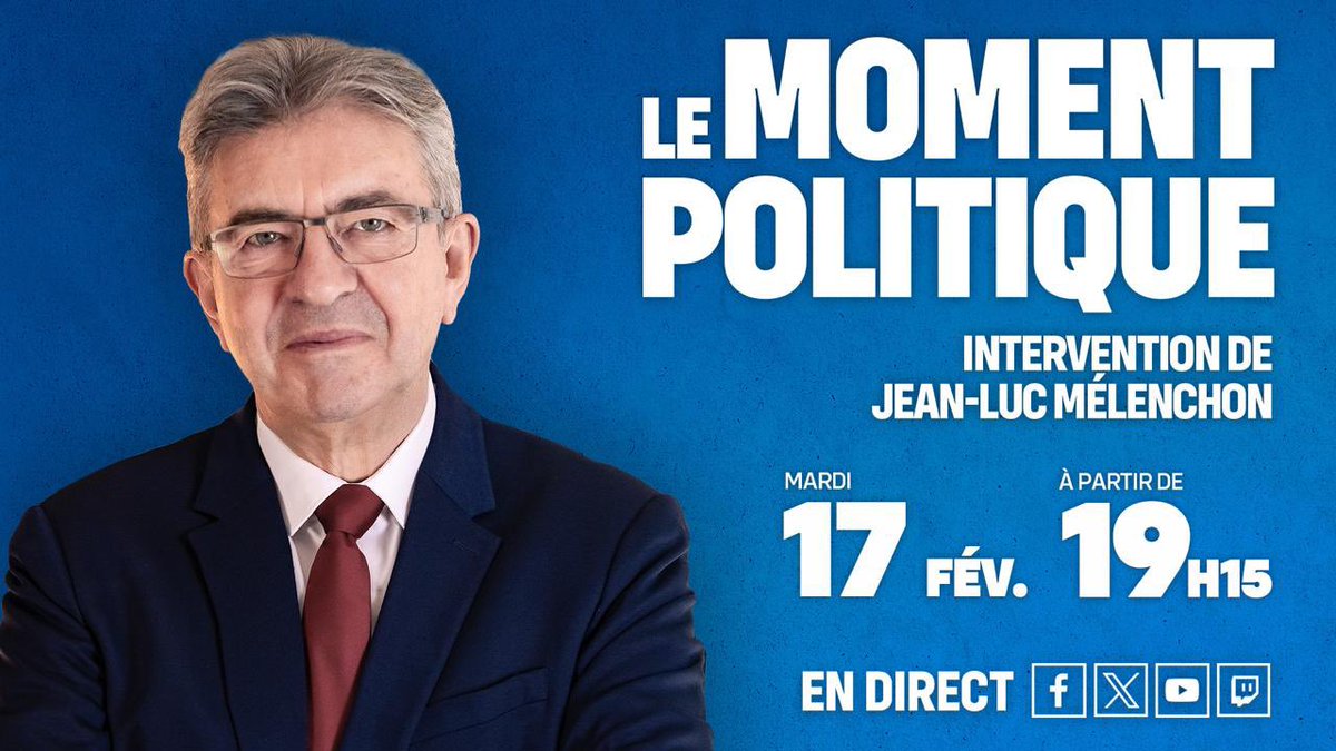🔴 Ce mardi soir, rendez-vous à 19h15 pour suivre en direct une conférence de Jean-Luc Mélenchon sur le moment politique. 

👉 youtube.com/live/VYi3oSnUr…