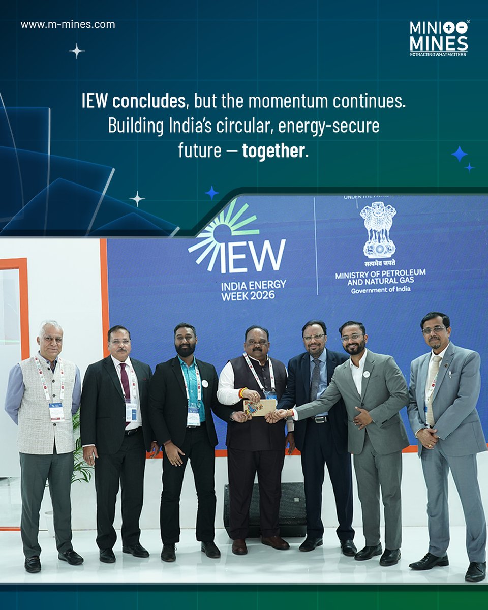MiniMinesPower's tweet photo. MiniMines wins 1st at AVINYA Challenge, IEW 2026, for its low-carbon HHM process recovering critical materials from EOL batteries. Building India’s circular energy future.
.
.
#IEW2026 #IndiaEnergyWeek2026 #MiniMines #AVINYA #EnergyInnovation #BatteryRecycling #CriticalMinerals https://t.co/IAlZ4I69Bz