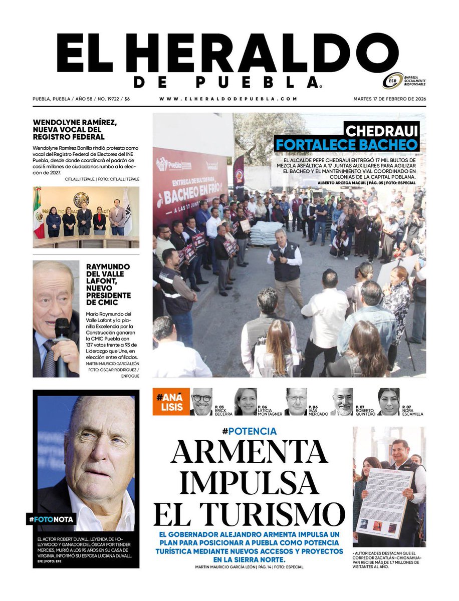 #Martes | Hoy en portada: Armenta impulsa el turismo 👏

🔸Chedraui fortalece bacheo 🕳️

🔸Raymundo del Valle Lafont, nuevo presidente de CMIC 🙋🏻‍♂️