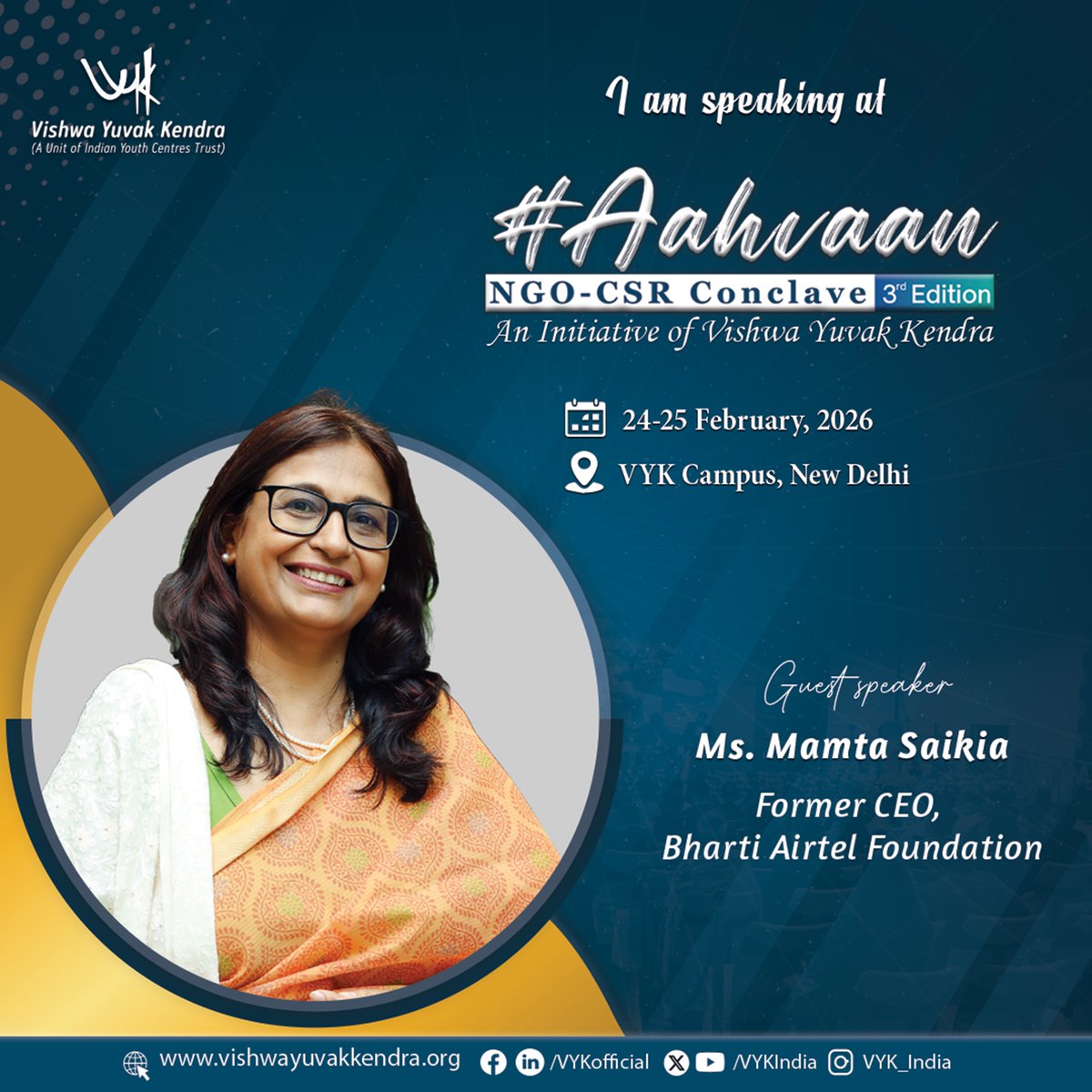 We are delighted to welcome Ms. Mamta Saikia, Former CEO, <a href="/bhartiairtelfdn/">Bharti Airtel Foundation</a>, as a distinguished speaker at Aahvaan: NGO–CSR Conclave 2026 (3rd Edition). Be part of conversations on institution-building, leadership, &amp; sustainable social impact.
#Aahvaan2026 #NGOCSRConclave