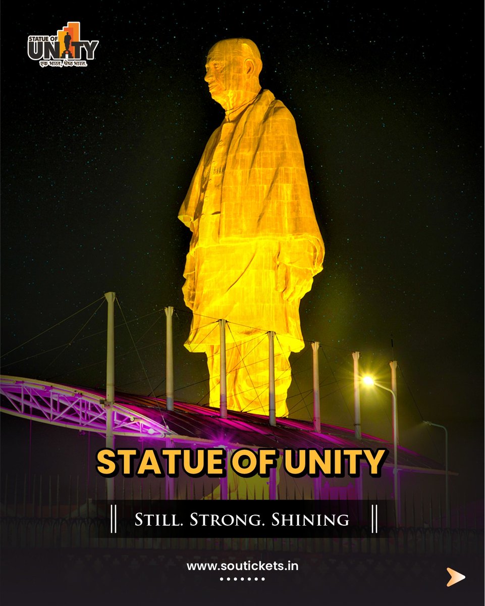 souindia's tweet image. As the sun sets, the Statue of Unity transforms into a glowing masterpiece.
Illuminated against the night sky, its majestic presence creates a truly mesmerizing experience. 

#UnityGlows #NightView   #UnityInLight #150YearsOfSardarPatel #EktaNagar #StatueOfUnity