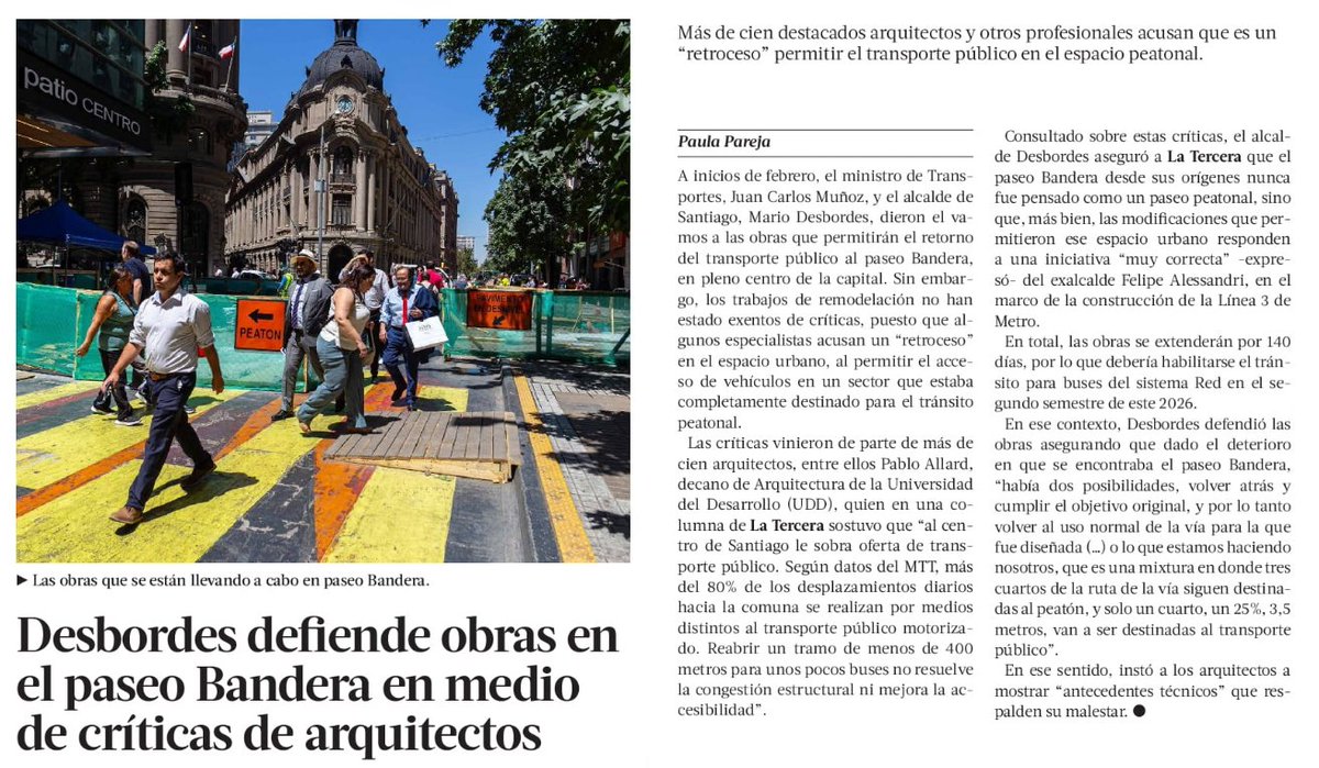 Calle Bandera es fundamental para el transporte público: reduce tiempos de traslado, usa paso bajo nivel de Alameda, conecta con Av. Independencia en el norte. Bien que alcalde <a href="/desbordes/">Mario Desbordes Jiménez</a> y ministro <a href="/JuanCaMunozA/">Juan Carlos Muñoz Abogabir</a> lo recuperen como eje de movilidad.